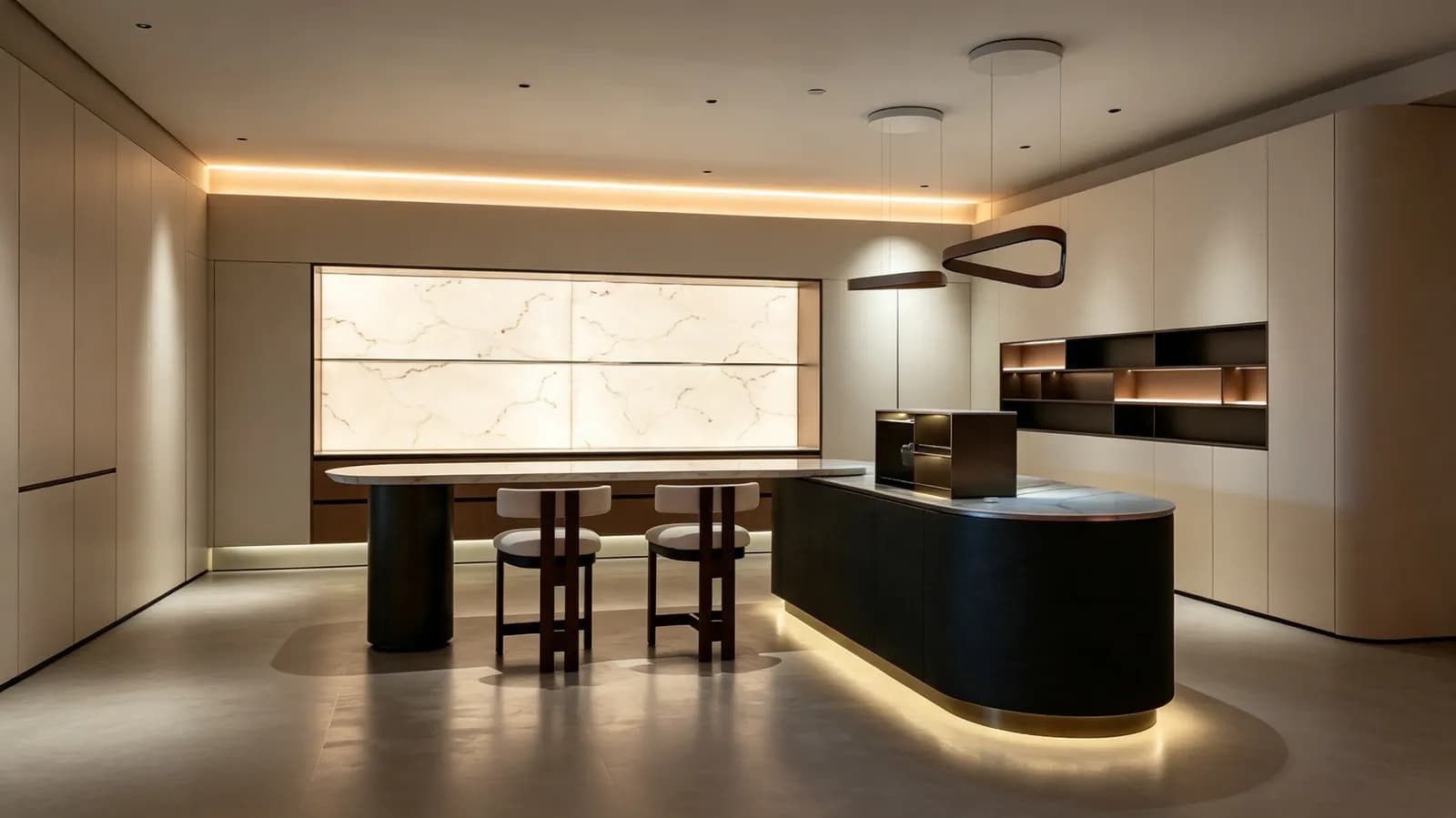 Warm-Light Sintered Stone Island Kitchen