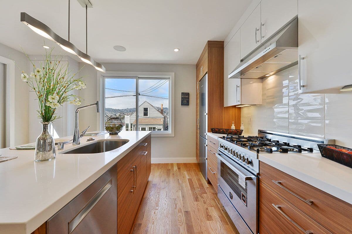 Arizona Cypress Kitchen With Gloss White Wall Cabinets