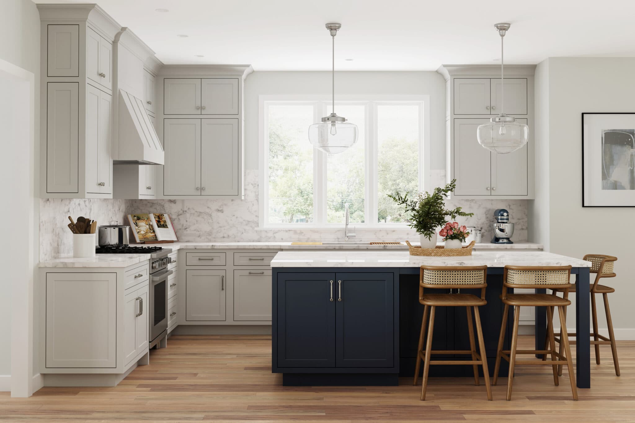 Light Grey Kitchen With Dark Blue Island