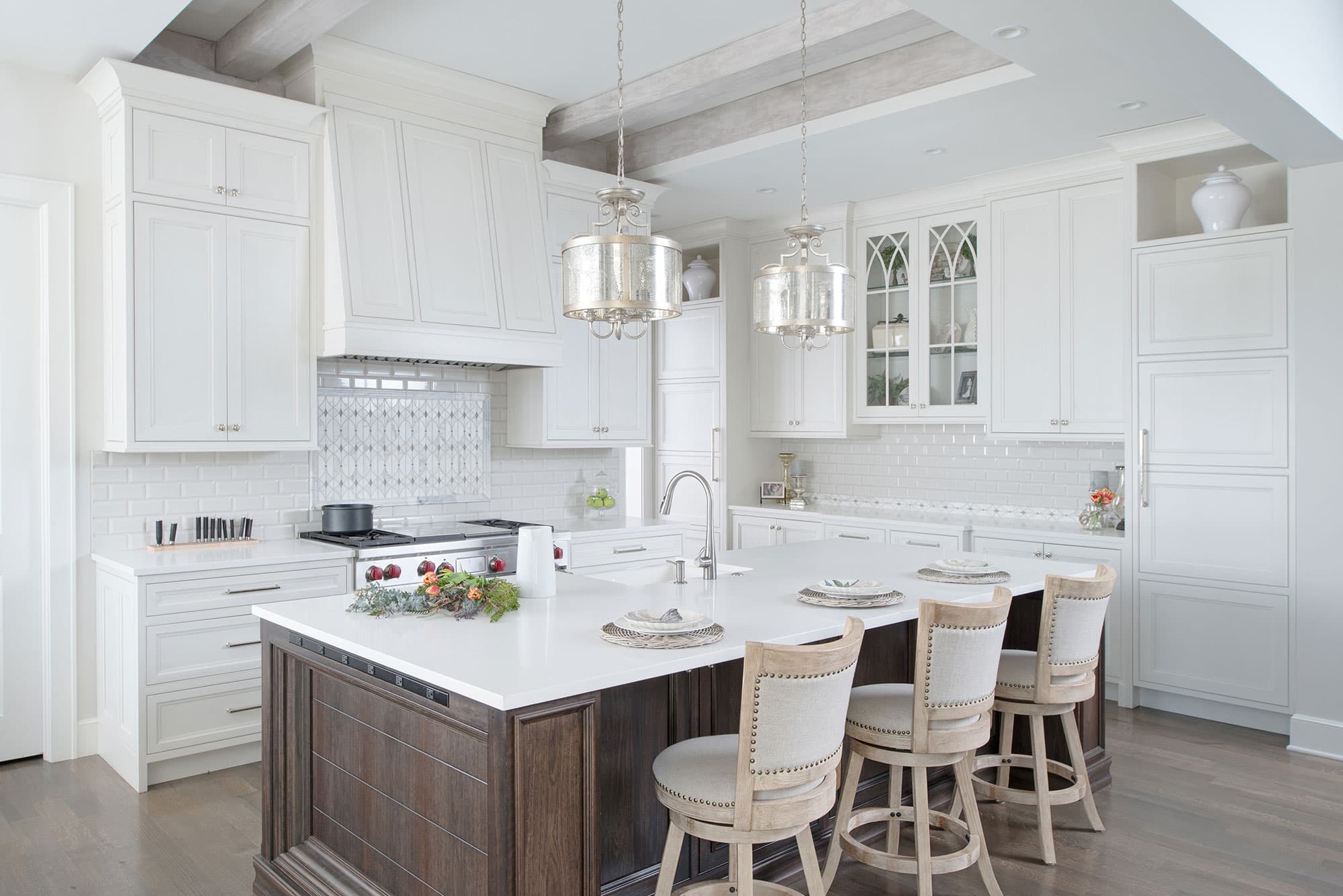 Painted White Kitchen With Dark Wood Island