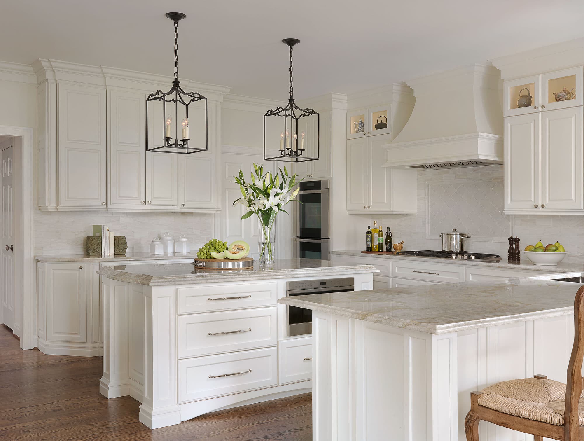 Painted White Kitchen With Walnut Wet Bar