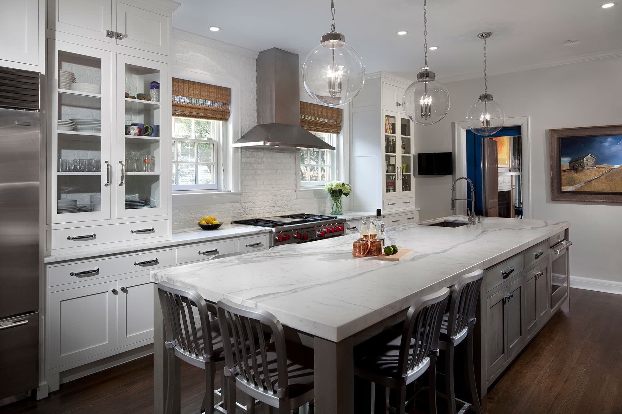 Transitional White Kitchen With Grey Blue Stained Island