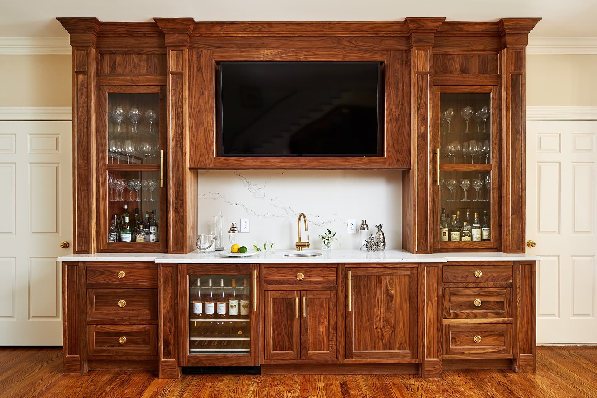 Walnut Bar With Glass Door Cabinets